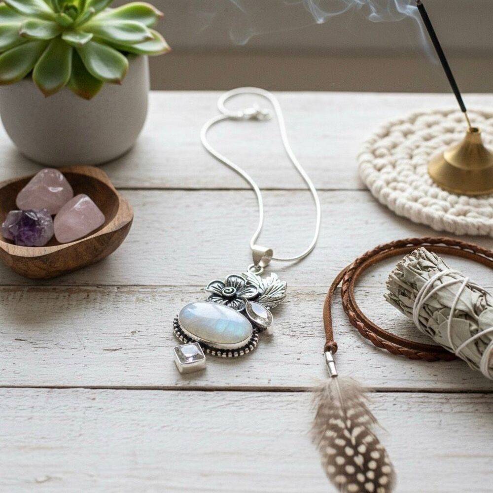Stunning Sterling Silver Filigree Moonstone White Topaz Pendant Floral Necklace - Picture 3 of 8